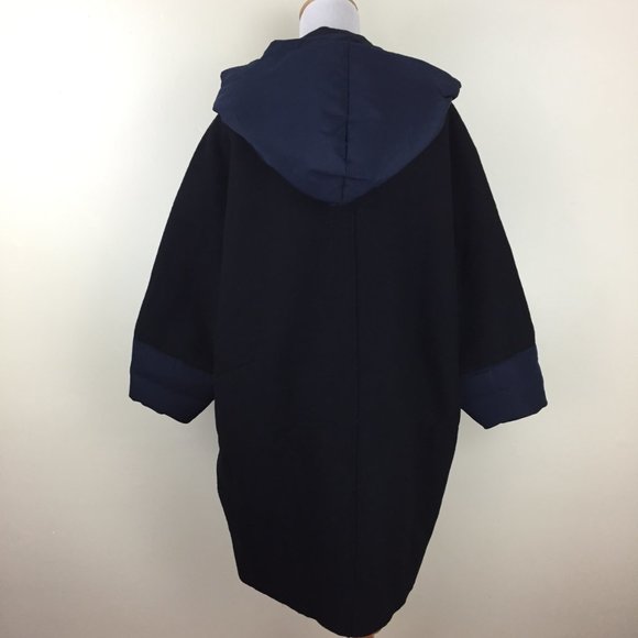 BASIC HOUSE Black Dark Blue Wool Blend Hoodie Duck Down Puffer Oversized Jacket - Picture 12 of 16